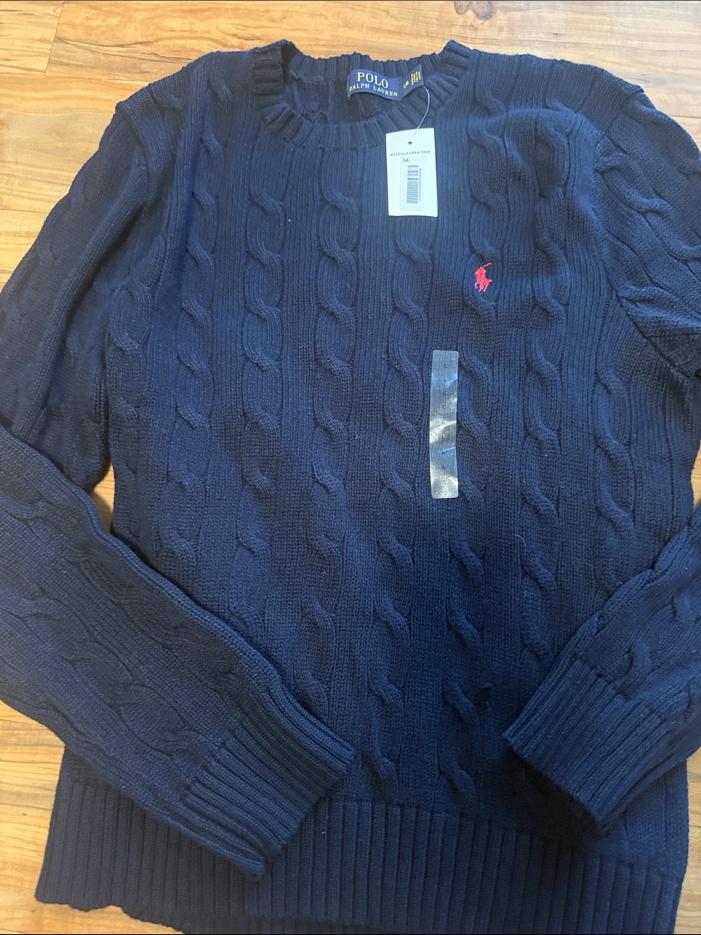 Polo by Ralph Lauren Navy Cable-Knit Crewneck with Pink Pony